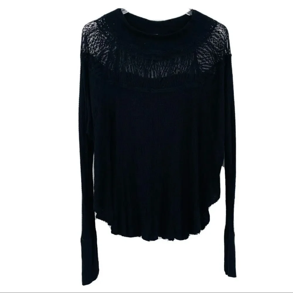 Free People Spring Valley Lace Waffle Knit Thermal Boho Top